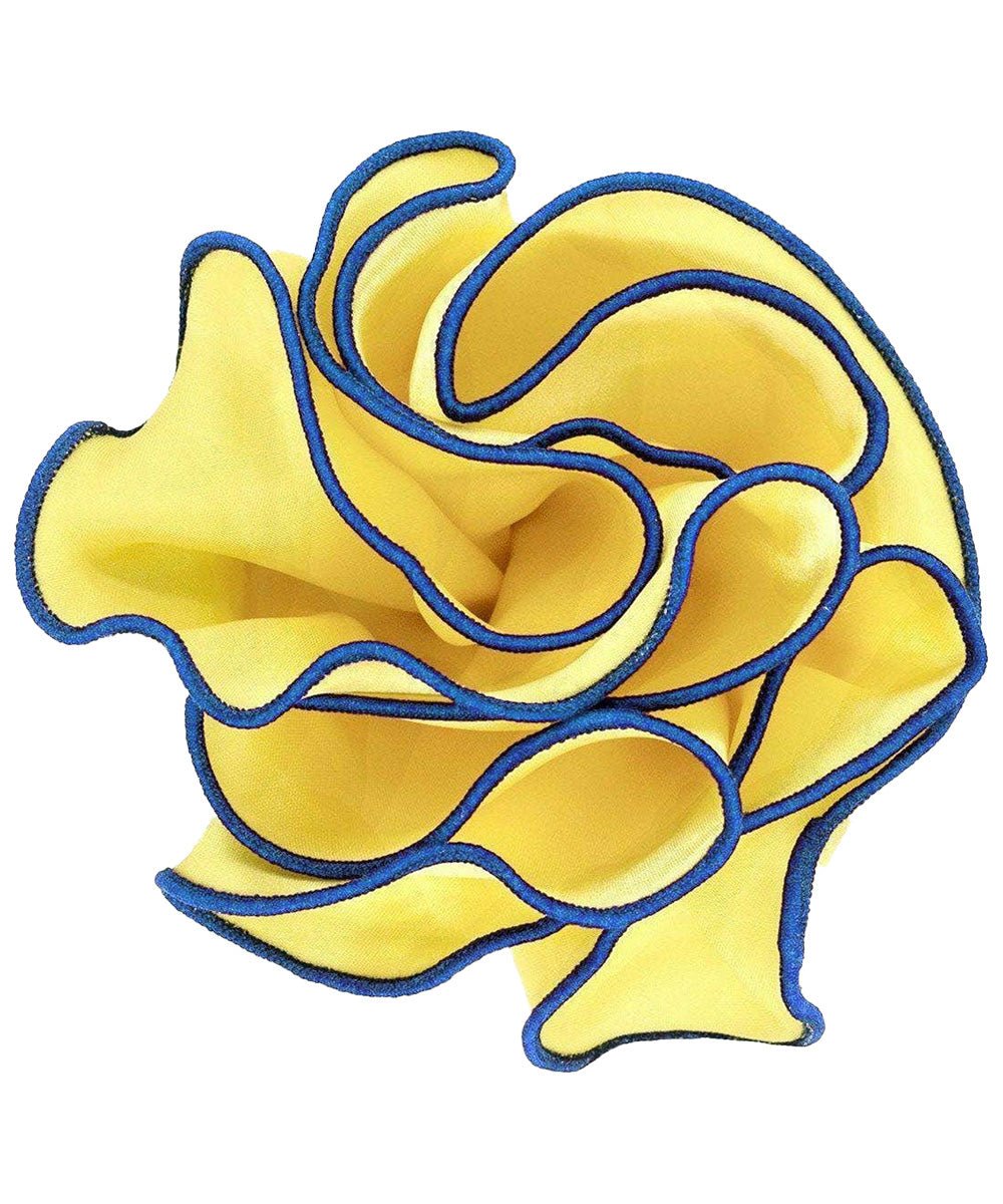 Vittorio Farina Round Satin Pocket Square with Embroidered Piping - Maize and Royal - Pocket Square - Vittorio Farina