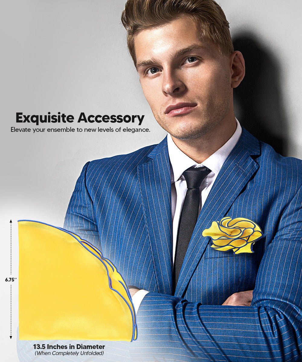 Vittorio Farina Round Satin Pocket Square with Embroidered Piping - Maize and Royal - Pocket Square - Vittorio Farina