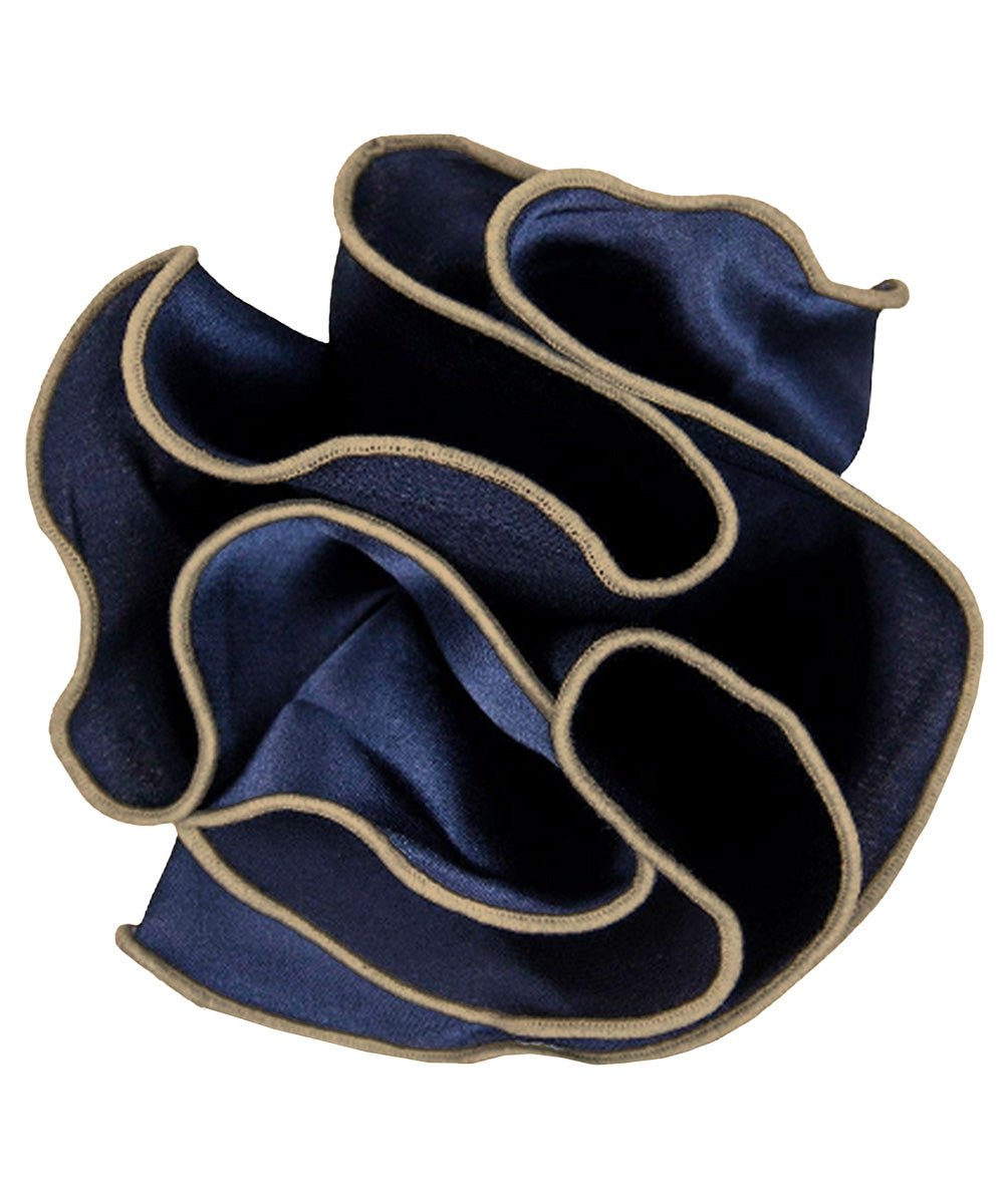 Vittorio Farina Round Satin Pocket Square with Embroidered Piping - Navy Blue and Tan - Pocket Square - Vittorio Farina