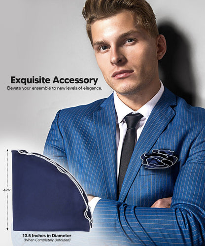 Vittorio Farina Round Satin Pocket Square with Embroidered Piping - Navy Blue and White - Pocket Square - Vittorio Farina