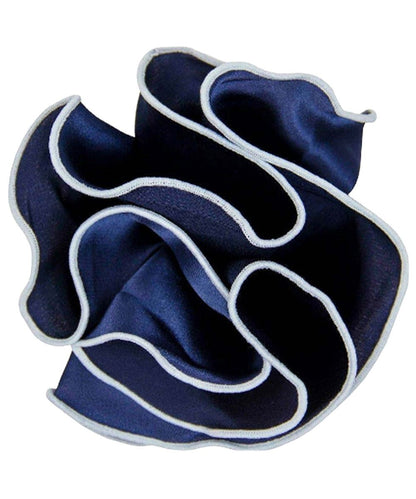 Vittorio Farina Round Satin Pocket Square with Embroidered Piping - Navy Blue and White - Pocket Square - Vittorio Farina