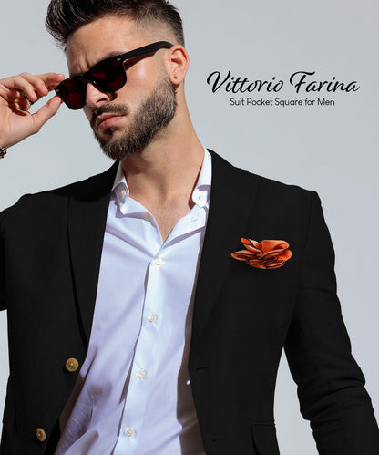 Vittorio Farina Round Satin Pocket Square with Embroidered Piping - Orange and Black - Pocket Square - Vittorio Farina