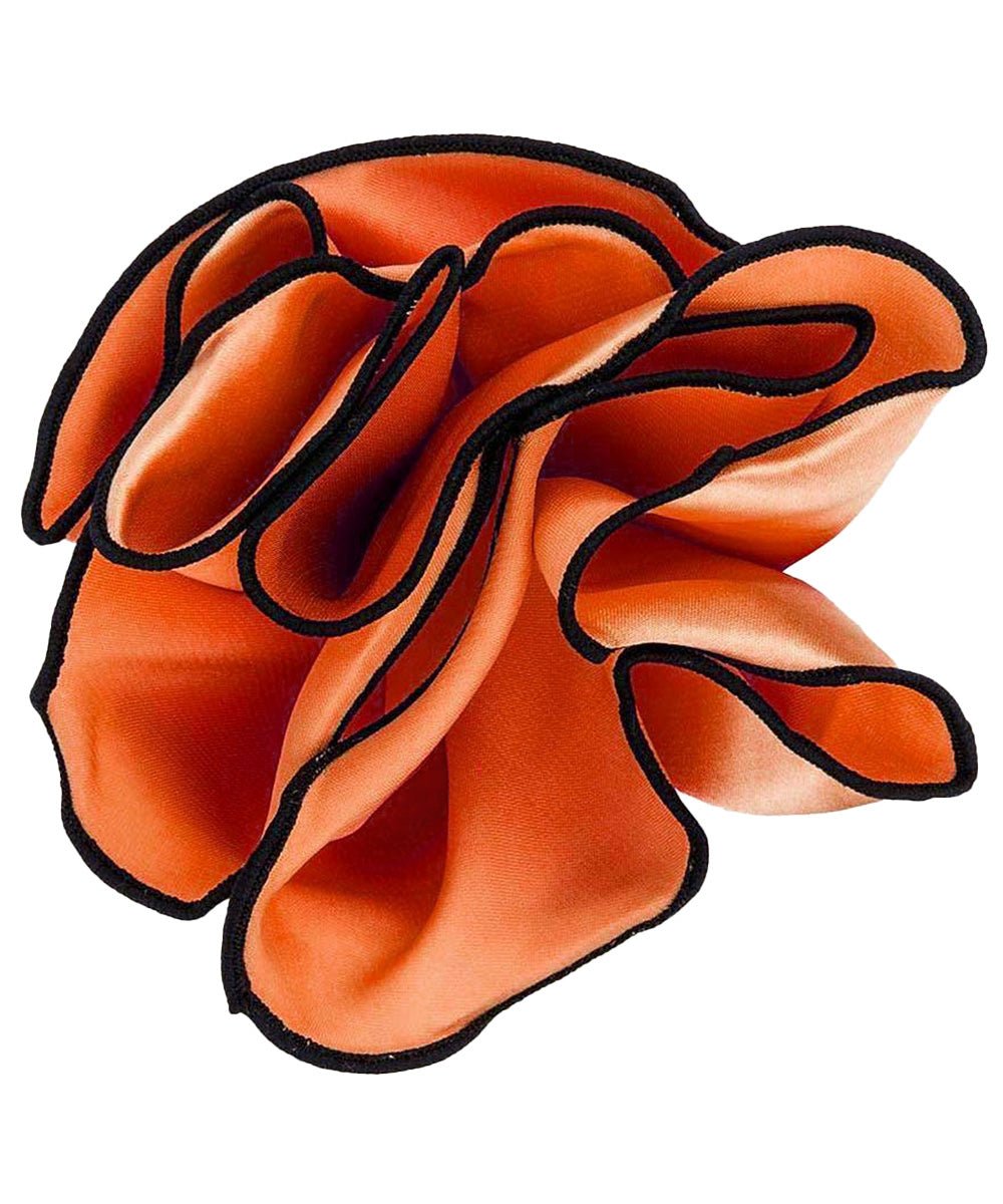 Vittorio Farina Round Satin Pocket Square with Embroidered Piping - Orange and Black - Pocket Square - Vittorio Farina