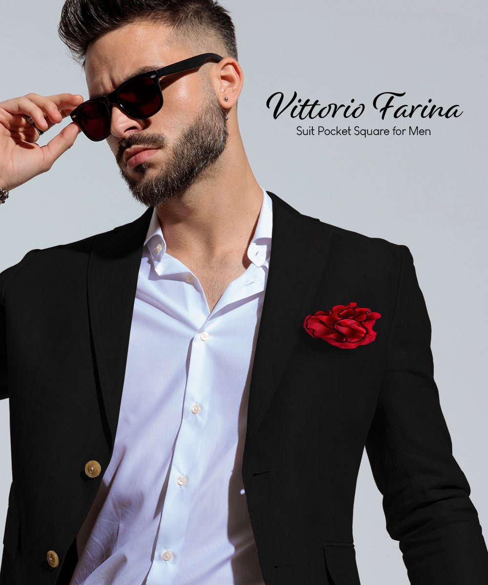 Vittorio Farina Round Satin Pocket Square with Embroidered Piping - Red and Black - Pocket Square - Vittorio Farina