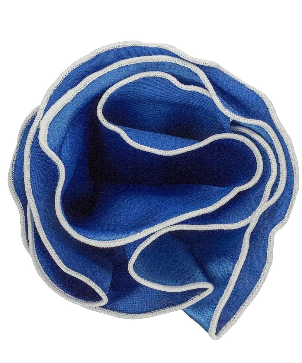 Vittorio Farina Round Satin Pocket Square with Embroidered Piping - Royal Blue and White - Pocket Square - Vittorio Farina