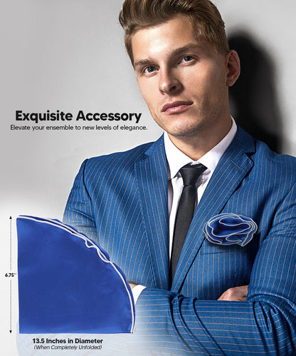 Vittorio Farina Round Satin Pocket Square with Embroidered Piping - Royal Blue and White - Pocket Square - Vittorio Farina