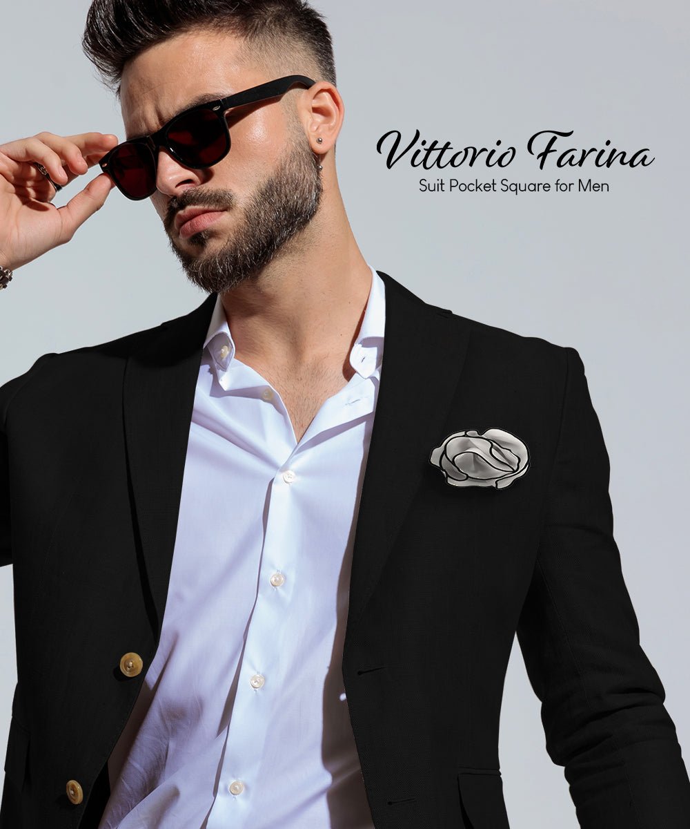 Vittorio Farina Round Satin Pocket Square with Embroidered Piping - Silver Gray and Black - Pocket Square - Vittorio Farina