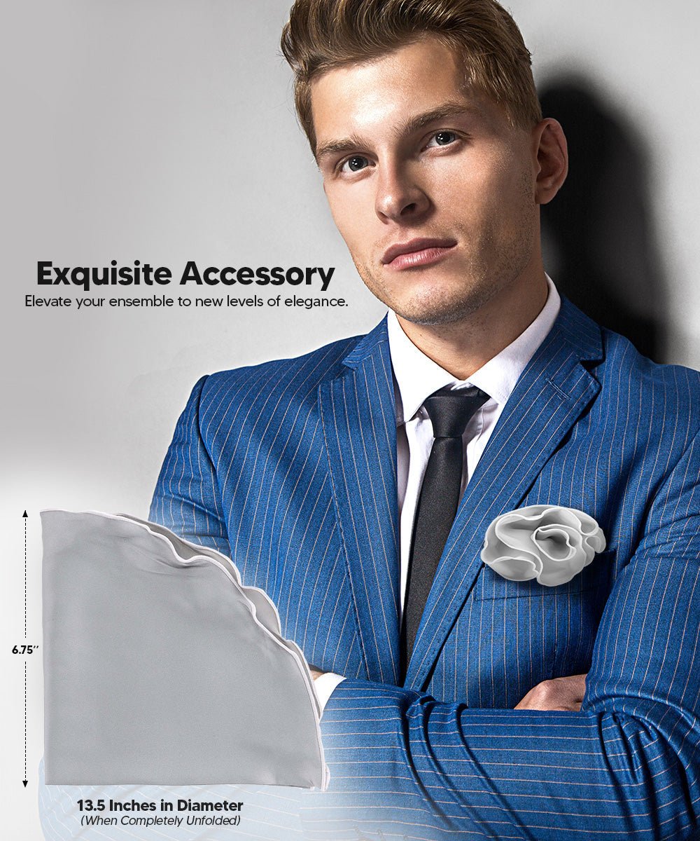 Vittorio Farina Round Satin Pocket Square with Embroidered Piping - Silver Gray and White - Pocket Square - Vittorio Farina