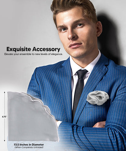Vittorio Farina Round Satin Pocket Square with Embroidered Piping - Silver Gray and White - Pocket Square - Vittorio Farina