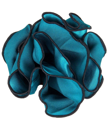 Vittorio Farina Round Satin Pocket Square with Embroidered Piping - Teal Blue and Black - Pocket Square - Vittorio Farina