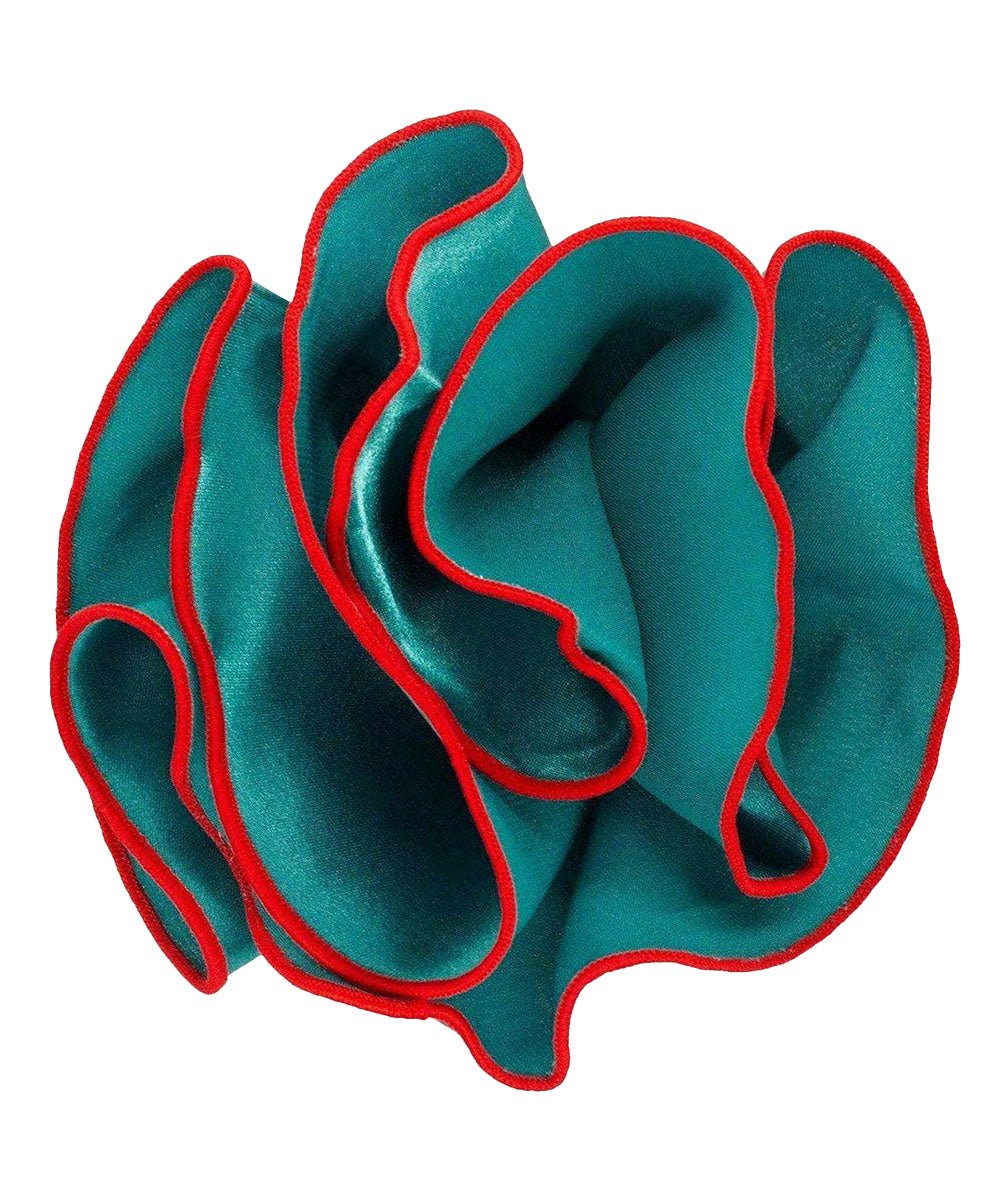 Vittorio Farina Round Satin Pocket Square with Embroidered Piping - Teal Blue and Red - Pocket Square - Vittorio Farina