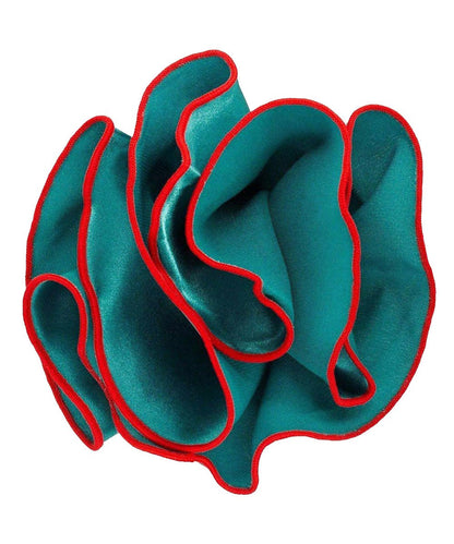 Vittorio Farina Round Satin Pocket Square with Embroidered Piping - Teal Blue and Red - Pocket Square - Vittorio Farina