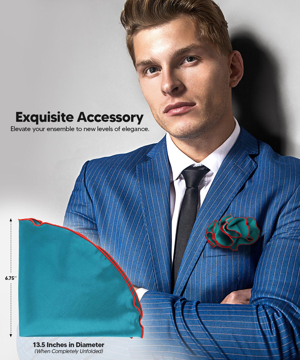 Vittorio Farina Round Satin Pocket Square with Embroidered Piping - Teal Blue and Red - Pocket Square - Vittorio Farina