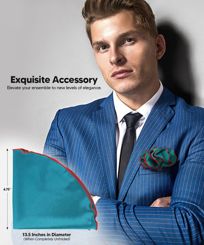 Vittorio Farina Round Satin Pocket Square with Embroidered Piping - Teal Blue and Red - Pocket Square - Vittorio Farina
