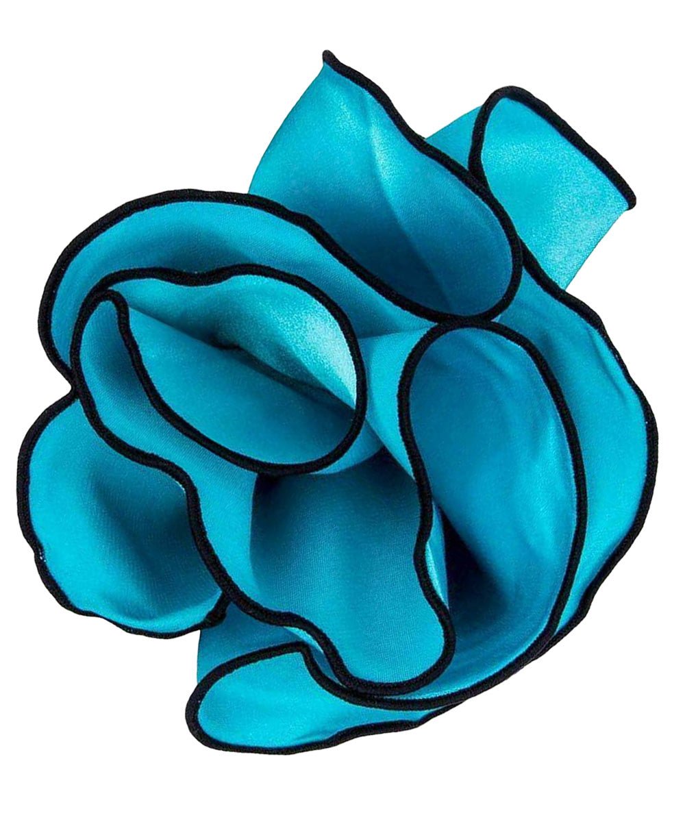 Vittorio Farina Round Satin Pocket Square with Embroidered Piping - Turquoise and Black - Pocket Square - Vittorio Farina