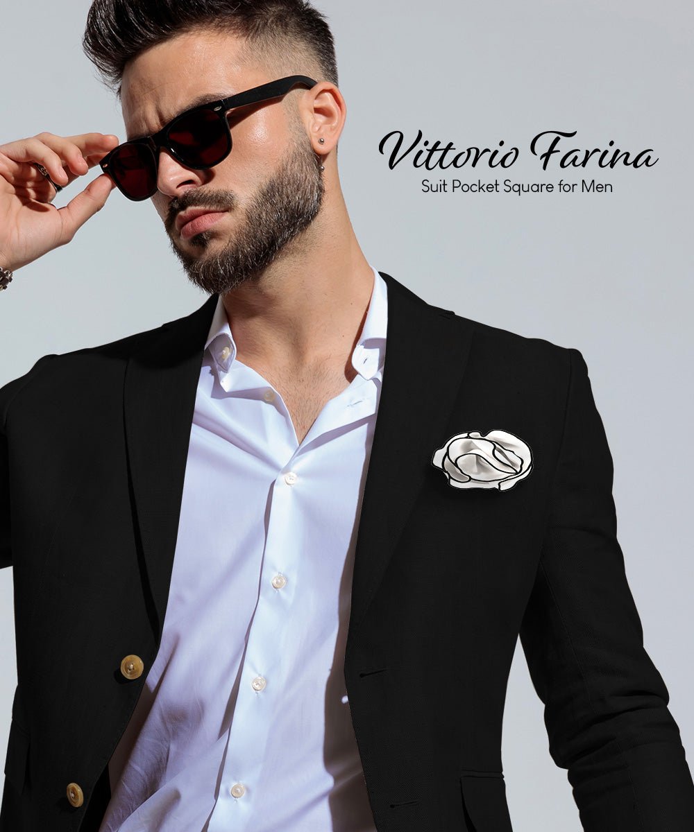 Vittorio Farina Round Satin Pocket Square with Embroidered Piping - White and Black - Pocket Square - Vittorio Farina