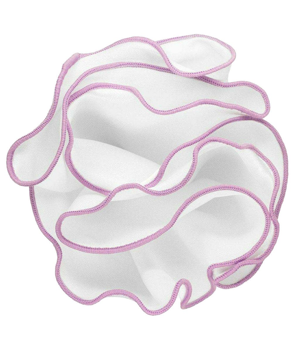 Vittorio Farina Round Satin Pocket Square with Embroidered Piping - White and Lavender - Pocket Square - Vittorio Farina