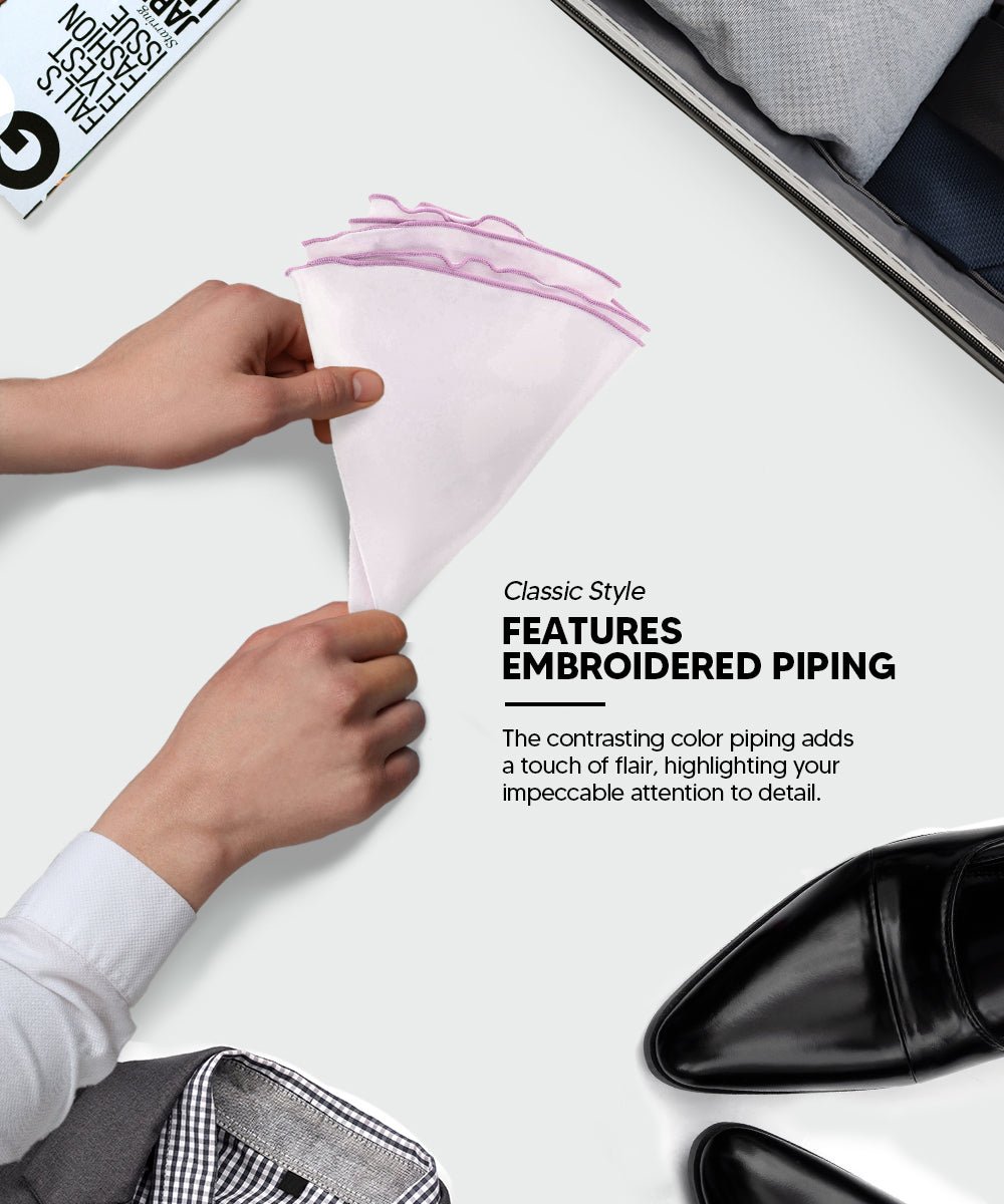 Vittorio Farina Round Satin Pocket Square with Embroidered Piping - White and Lavender - Pocket Square - Vittorio Farina
