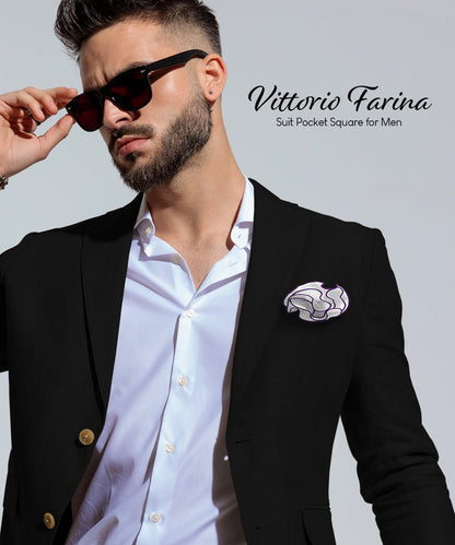 Vittorio Farina Round Satin Pocket Square with Embroidered Piping - White and Lavender - Pocket Square - Vittorio Farina