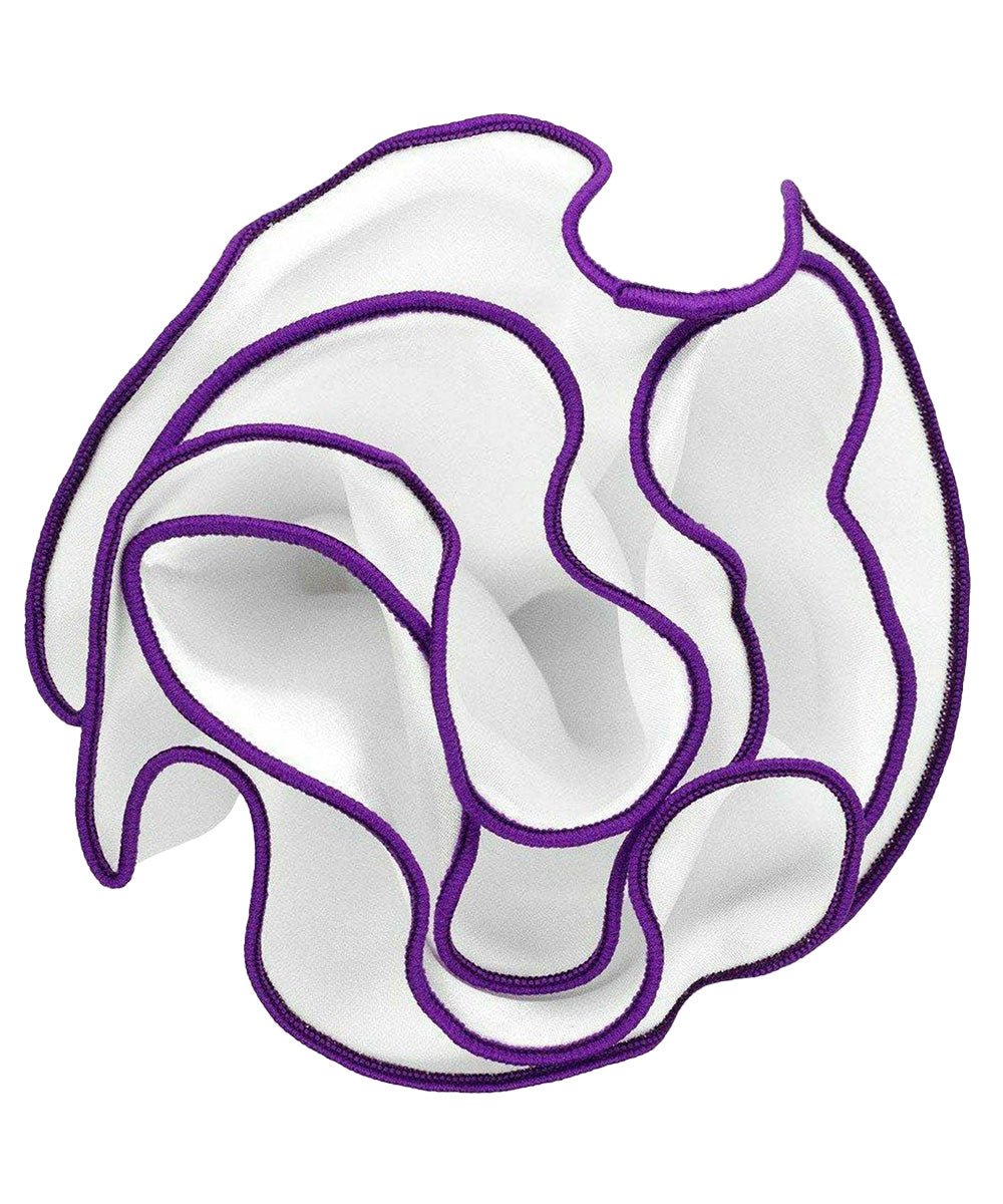 Vittorio Farina Round Satin Pocket Square with Embroidered Piping - White and Purple - Pocket Square - Vittorio Farina