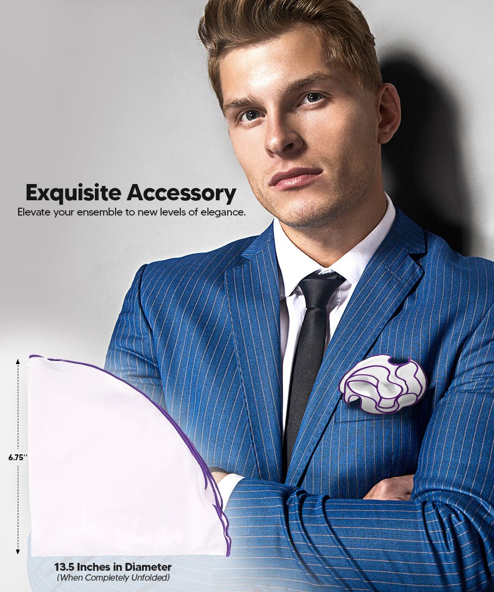 Vittorio Farina Round Satin Pocket Square with Embroidered Piping - White and Lavender - Pocket Square - Vittorio Farina