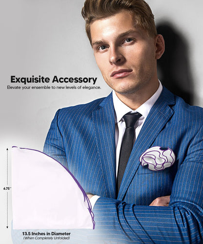 Vittorio Farina Round Satin Pocket Square with Embroidered Piping - White and Lavender - Pocket Square - Vittorio Farina