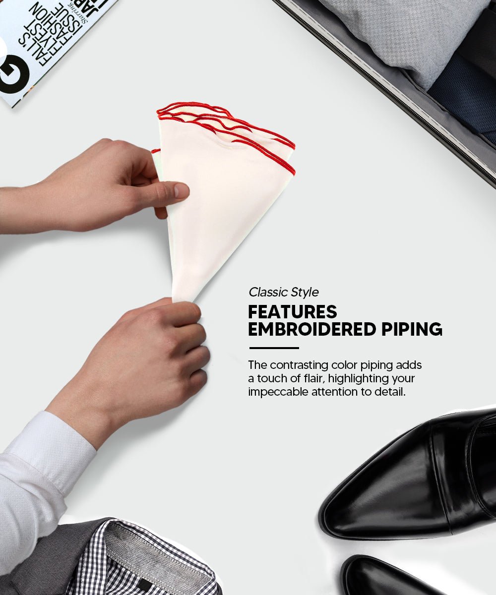 Vittorio Farina Round Satin Pocket Square with Embroidered Piping - White and Purple - Pocket Square - Vittorio Farina