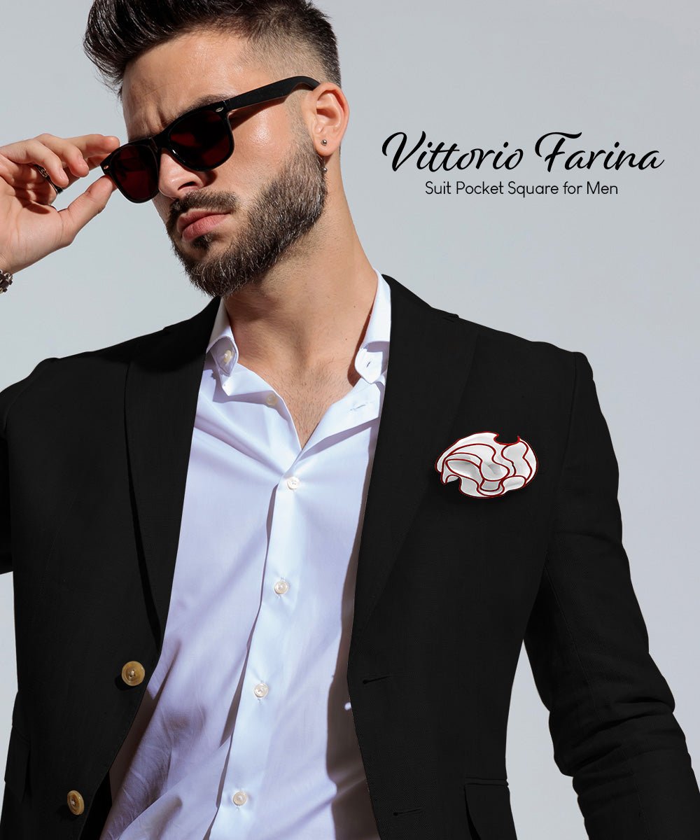 Vittorio Farina Round Satin Pocket Square with Embroidered Piping - White and Red - Pocket Square - Vittorio Farina