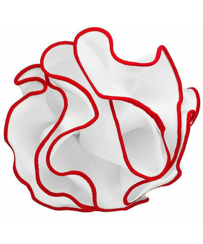 Vittorio Farina Round Satin Pocket Square with Embroidered Piping - White and Red - Pocket Square - Vittorio Farina