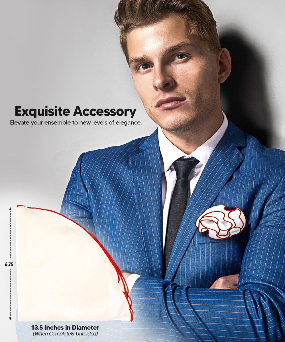 Vittorio Farina Round Satin Pocket Square with Embroidered Piping - White and Red - Pocket Square - Vittorio Farina