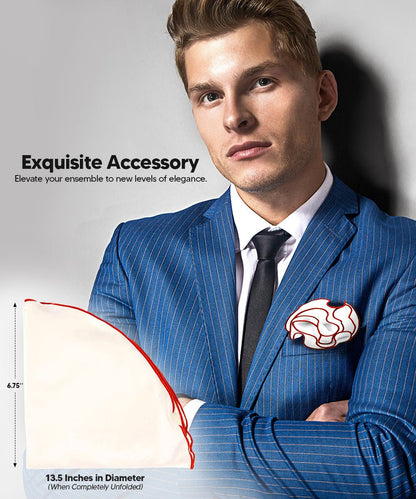 Vittorio Farina Round Satin Pocket Square with Embroidered Piping - White and Red - Pocket Square - Vittorio Farina