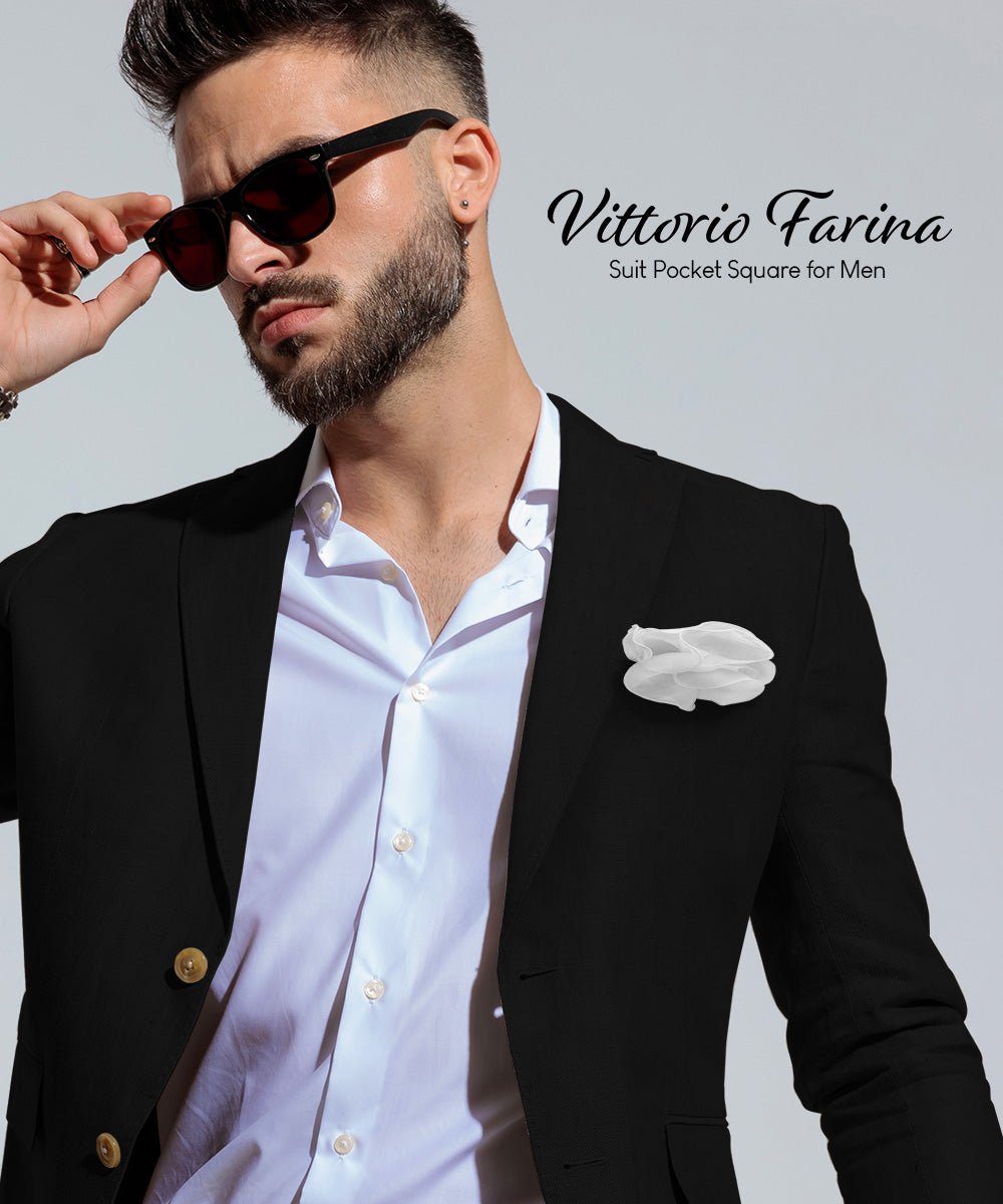 Vittorio Farina Round Satin Pocket Square with Embroidered Piping - White and White - Pocket Square - Vittorio Farina