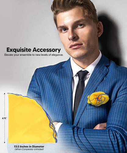 Vittorio Farina Round Satin Pocket Square with Embroidered Piping - Yellow and Royal - Pocket Square - Vittorio Farina