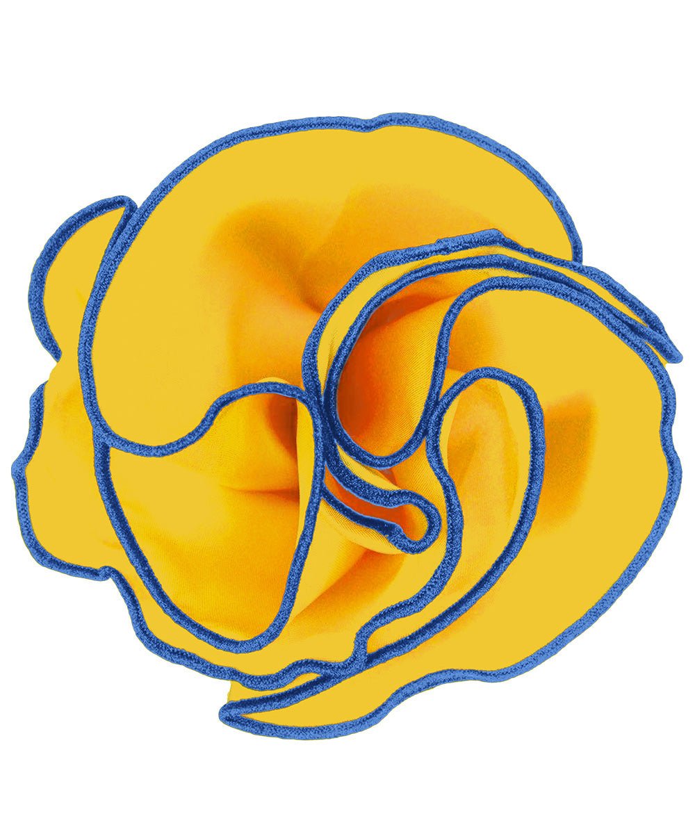Vittorio Farina Round Satin Pocket Square with Embroidered Piping - Yellow and Royal - Pocket Square - Vittorio Farina