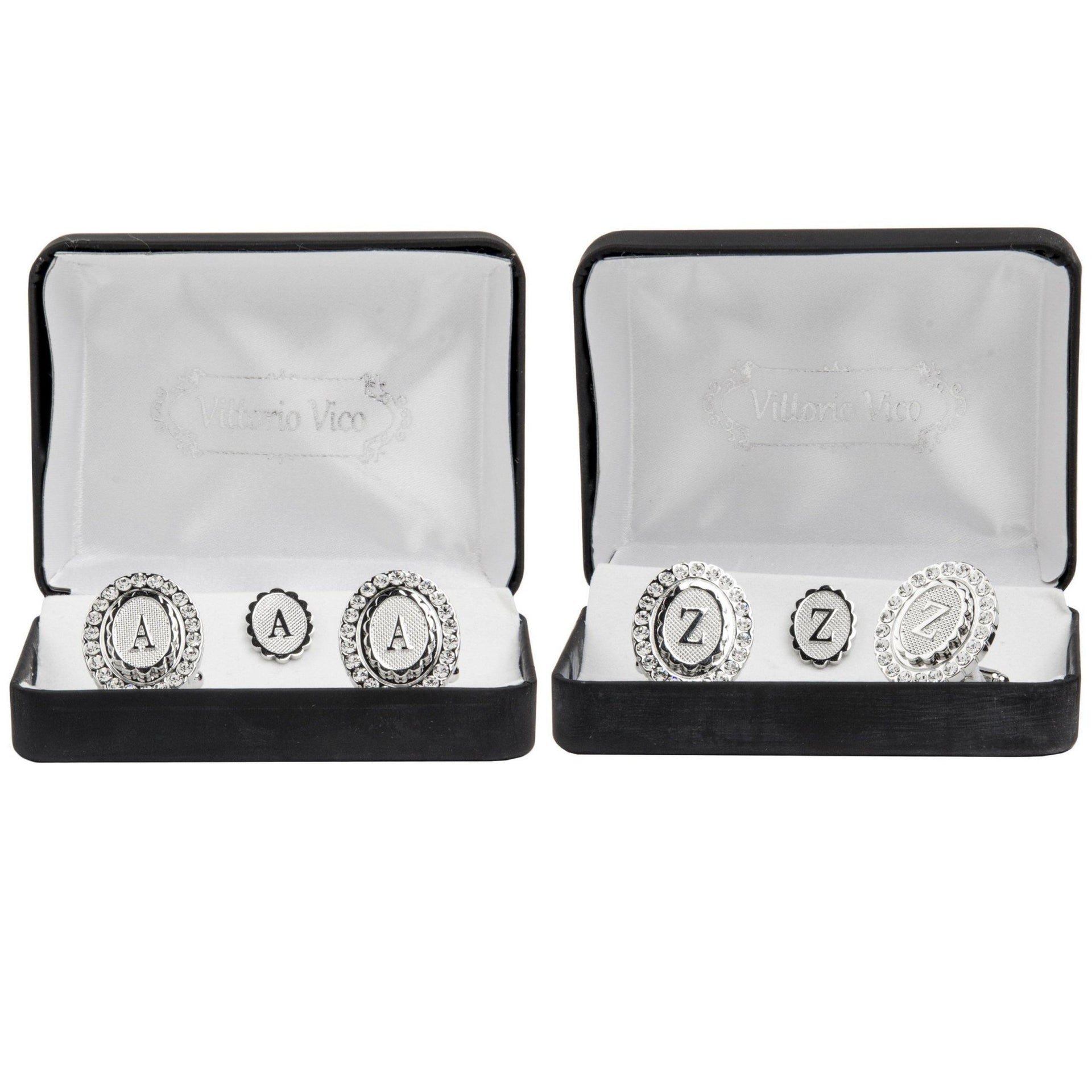 Vittorio Vico Bling Initial Cufflinks & Tie Tack Set in Gift Box - Gold - Initial Cufflinks - Vittorio Vico