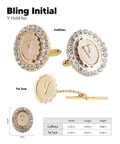 Vittorio Vico Bling Initial Cufflinks & Tie Tack Set in Gift Box - Gold - Initial Cufflinks - Vittorio Vico