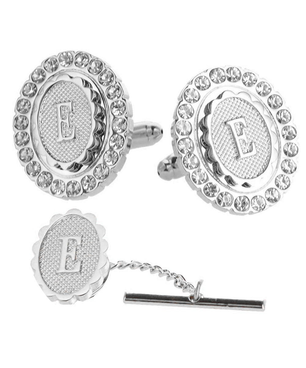 Vittorio Vico Bling Initial Cufflinks & Tie Tack Set in Gift Box - Silver - Initial Cufflinks - Vittorio Vico