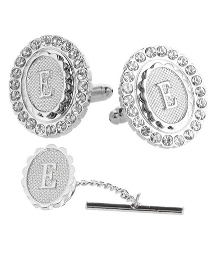 Vittorio Vico Bling Initial Cufflinks & Tie Tack Set in Gift Box - Silver - Initial Cufflinks - Vittorio Vico