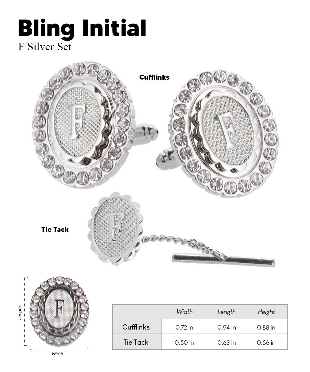 Vittorio Vico Bling Initial Cufflinks & Tie Tack Set in Gift Box - Silver - Initial Cufflinks - Vittorio Vico
