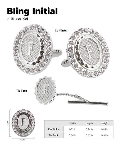 Vittorio Vico Bling Initial Cufflinks & Tie Tack Set in Gift Box - Silver - Initial Cufflinks - Vittorio Vico