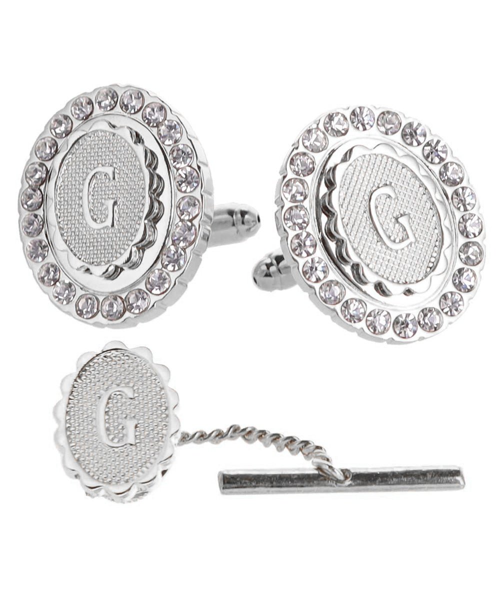Vittorio Vico Bling Initial Cufflinks & Tie Tack Set in Gift Box - Silver - Initial Cufflinks - Vittorio Vico