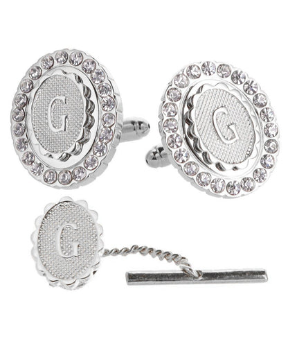 Vittorio Vico Bling Initial Cufflinks & Tie Tack Set in Gift Box - Silver - Initial Cufflinks - Vittorio Vico