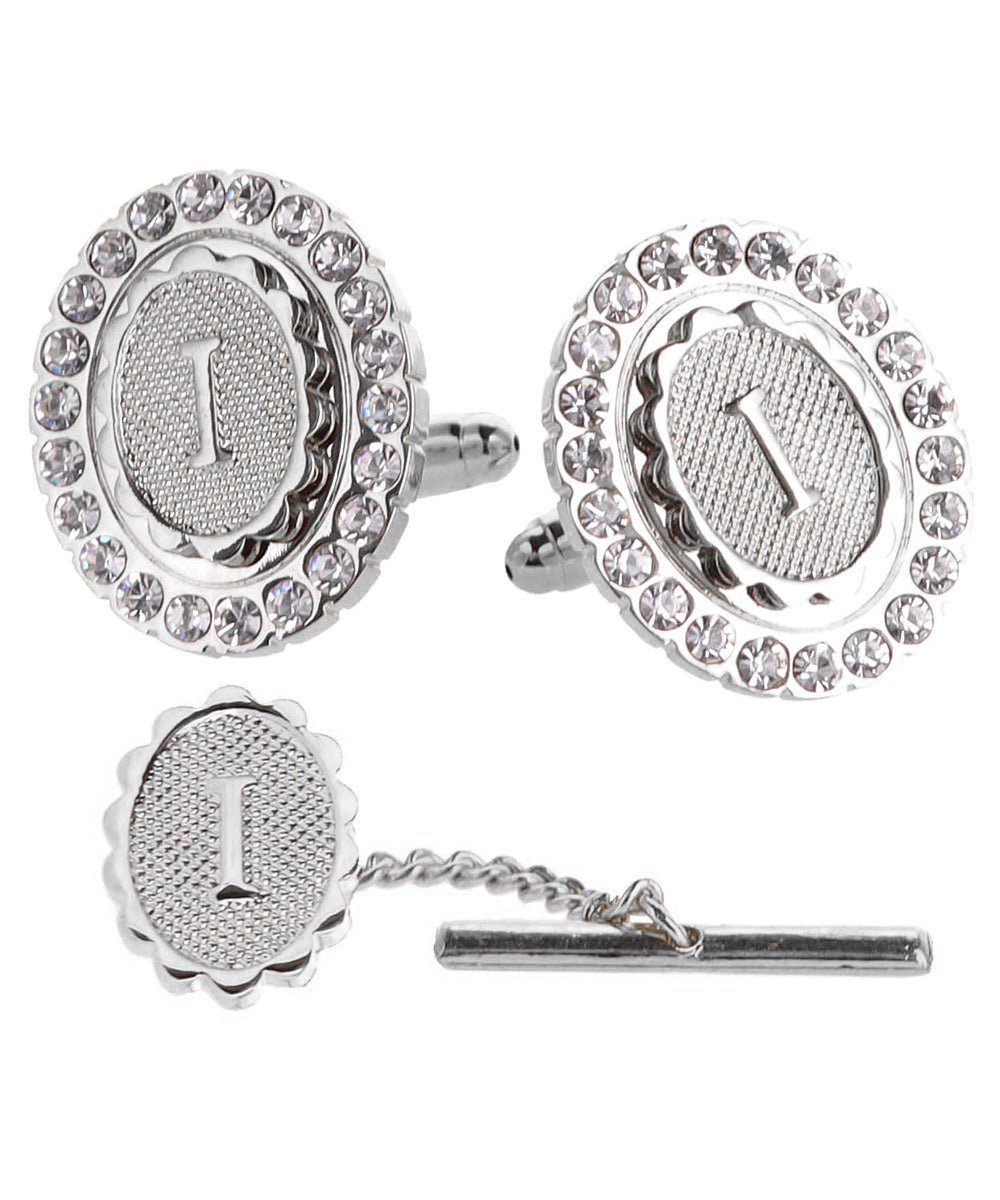 Vittorio Vico Bling Initial Cufflinks & Tie Tack Set in Gift Box - Silver - Initial Cufflinks - Vittorio Vico