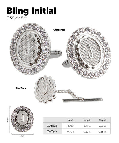 Vittorio Vico Bling Initial Cufflinks & Tie Tack Set in Gift Box - Silver - Initial Cufflinks - Vittorio Vico
