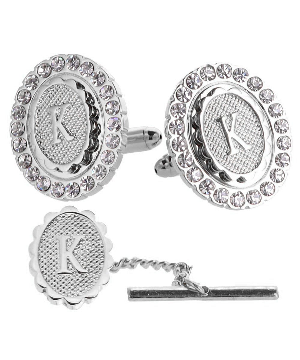 Vittorio Vico Bling Initial Cufflinks & Tie Tack Set in Gift Box - Silver - Initial Cufflinks - Vittorio Vico