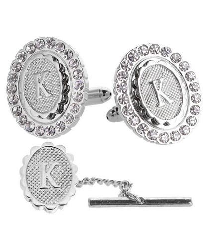Vittorio Vico Bling Initial Cufflinks & Tie Tack Set in Gift Box - Silver - Initial Cufflinks - Vittorio Vico