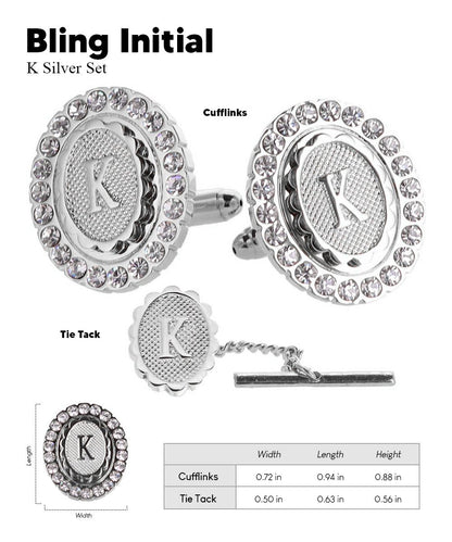 Vittorio Vico Bling Initial Cufflinks & Tie Tack Set in Gift Box - Silver - Initial Cufflinks - Vittorio Vico