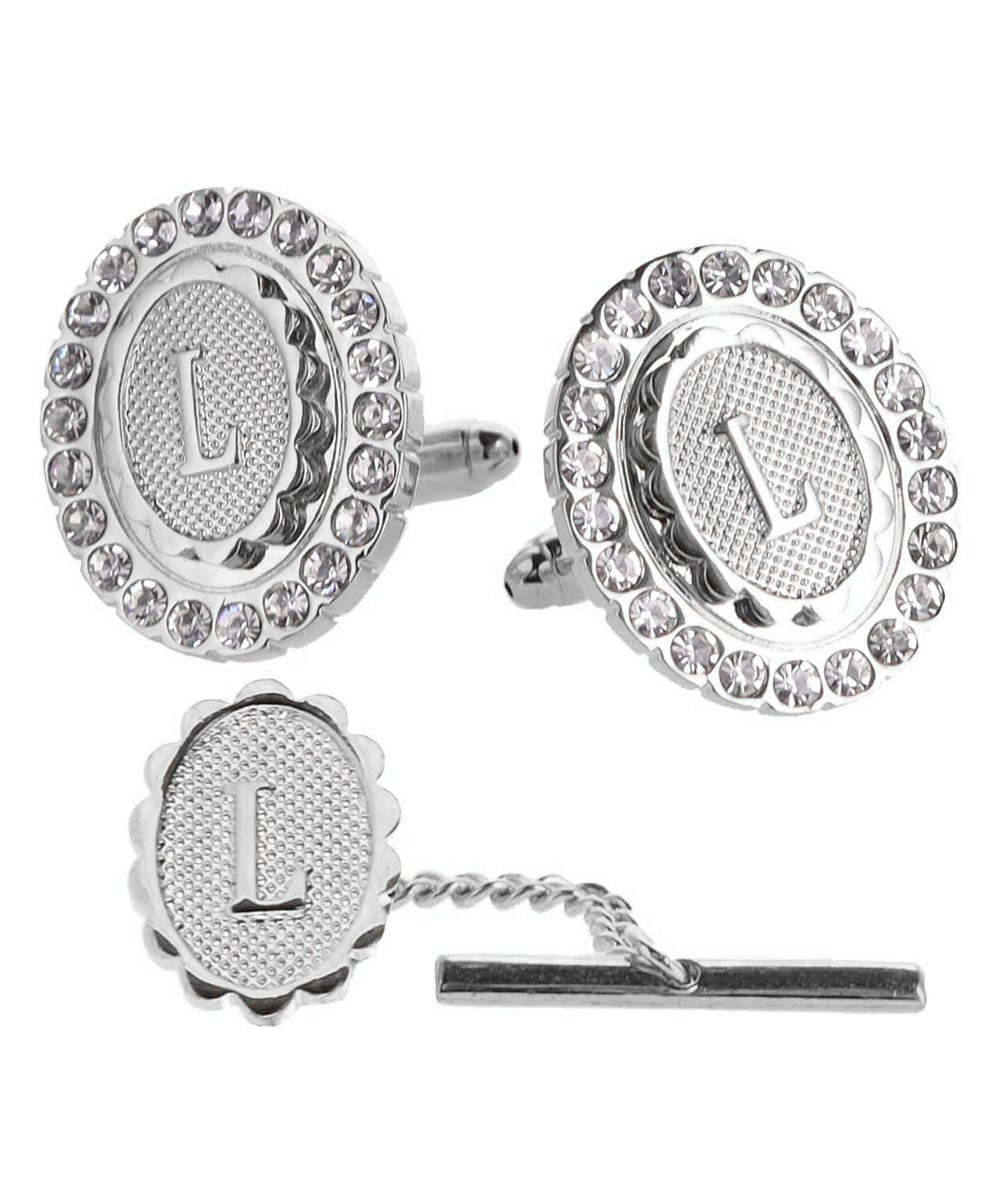Vittorio Vico Bling Initial Cufflinks & Tie Tack Set in Gift Box - Silver - Initial Cufflinks - Vittorio Vico