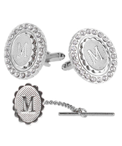 Vittorio Vico Bling Initial Cufflinks & Tie Tack Set in Gift Box - Silver - Initial Cufflinks - Vittorio Vico
