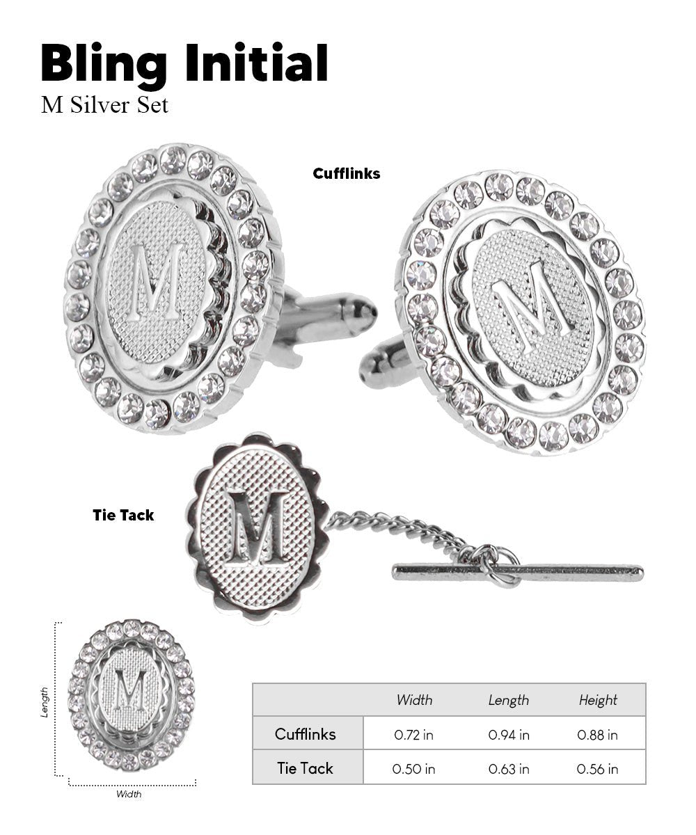 Vittorio Vico Bling Initial Cufflinks & Tie Tack Set in Gift Box - Silver - Initial Cufflinks - Vittorio Vico